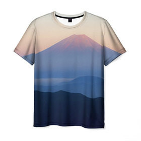 Мужская футболка 3D с принтом Фудзияма в Тюмени, 100% полиэфир | прямой крой, круглый вырез горловины, длина до линии бедер | fuji | вулкан | горы | рассвет | солнце | туман | утро | япония