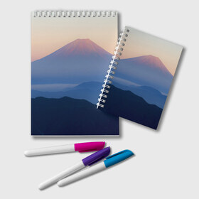 Блокнот с принтом Фудзияма в Тюмени, 100% бумага | 48 листов, плотность листов — 60 г/м2, плотность картонной обложки — 250 г/м2. Листы скреплены удобной пружинной спиралью. Цвет линий — светло-серый
 | Тематика изображения на принте: fuji | вулкан | горы | рассвет | солнце | туман | утро | япония