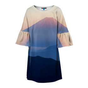 Детское платье 3D с принтом Фудзияма в Тюмени, 100% полиэстер | прямой силуэт, чуть расширенный к низу. Круглая горловина, на рукавах — воланы | Тематика изображения на принте: fuji | вулкан | горы | рассвет | солнце | туман | утро | япония