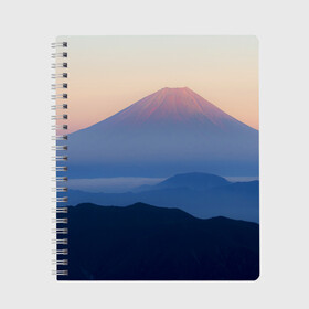 Тетрадь с принтом Фудзияма в Тюмени, 100% бумага | 48 листов, плотность листов — 60 г/м2, плотность картонной обложки — 250 г/м2. Листы скреплены сбоку удобной пружинной спиралью. Уголки страниц и обложки скругленные. Цвет линий — светло-серый
 | Тематика изображения на принте: fuji | вулкан | горы | рассвет | солнце | туман | утро | япония