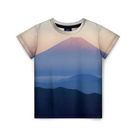 Детская футболка 3D с принтом Фудзияма в Тюмени, 100% гипоаллергенный полиэфир | прямой крой, круглый вырез горловины, длина до линии бедер, чуть спущенное плечо, ткань немного тянется | fuji | вулкан | горы | рассвет | солнце | туман | утро | япония