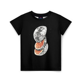 Детская футболка 3D с принтом Луна дольками в Тюмени, 100% гипоаллергенный полиэфир | прямой крой, круглый вырез горловины, длина до линии бедер, чуть спущенное плечо, ткань немного тянется | Тематика изображения на принте: апельсин | грейпфрут | ломтики | цитрус