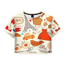 Женская футболка 3D укороченная с принтом Paris pattern в Тюмени, 100% полиэстер | круглая горловина, длина футболки до линии талии, рукава с отворотами | Тематика изображения на принте: 3d | love | арт | еда | любовь | надписи | париж | паттерн | птицы | сердечки | текстура