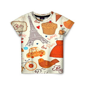 Детская футболка 3D с принтом Paris pattern в Тюмени, 100% гипоаллергенный полиэфир | прямой крой, круглый вырез горловины, длина до линии бедер, чуть спущенное плечо, ткань немного тянется | 3d | love | арт | еда | любовь | надписи | париж | паттерн | птицы | сердечки | текстура