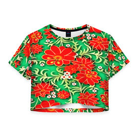 Женская футболка 3D укороченная с принтом Узор из цветов в Тюмени, 100% полиэстер | круглая горловина, длина футболки до линии талии, рукава с отворотами | 3d | арт | астры | красные | ромашки | узор | цветы