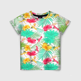 Детская футболка 3D с принтом Tropical pattern в Тюмени, 100% гипоаллергенный полиэфир | прямой крой, круглый вырез горловины, длина до линии бедер, чуть спущенное плечо, ткань немного тянется | Тематика изображения на принте: 3d | арт | лето | пальмы | текстура | тропический | узор | цветы