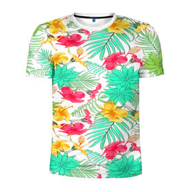 Мужская футболка 3D спортивная с принтом Tropical pattern в Тюмени, 100% полиэстер с улучшенными характеристиками | приталенный силуэт, круглая горловина, широкие плечи, сужается к линии бедра | Тематика изображения на принте: 3d | арт | лето | пальмы | текстура | тропический | узор | цветы