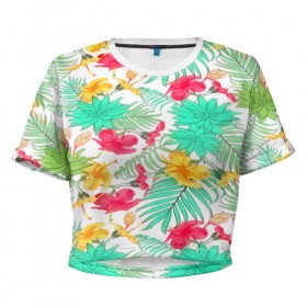 Женская футболка 3D укороченная с принтом Tropical pattern в Тюмени, 100% полиэстер | круглая горловина, длина футболки до линии талии, рукава с отворотами | 3d | арт | лето | пальмы | текстура | тропический | узор | цветы