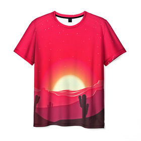 Мужская футболка 3D с принтом Gorgeous sunset в Тюмени, 100% полиэфир | прямой крой, круглый вырез горловины, длина до линии бедер | 3d | арт | дикий запад | закат | кактус | природа | солнце