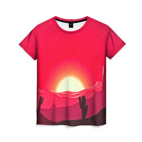 Женская футболка 3D с принтом Gorgeous sunset в Тюмени, 100% полиэфир ( синтетическое хлопкоподобное полотно) | прямой крой, круглый вырез горловины, длина до линии бедер | 3d | арт | дикий запад | закат | кактус | природа | солнце