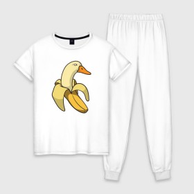 Женская пижама хлопок с принтом утка банан в Тюмени, 100% хлопок | брюки и футболка прямого кроя, без карманов, на брюках мягкая резинка на поясе и по низу штанин | banana | duck | meme | банан | мем | утка