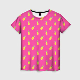 Женская футболка 3D с принтом Ананасы в Тюмени, 100% полиэфир ( синтетическое хлопкоподобное полотно) | прямой крой, круглый вырез горловины, длина до линии бедер | акварель | ананас | арт | лето | орнамент | паттерн | розовый | тропики | узор | фрукт | фрукты
