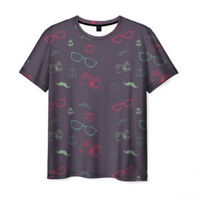 Мужская футболка 3D с принтом Хипстер в Тюмени, 100% полиэфир | прямой крой, круглый вырез горловины, длина до линии бедер | Тематика изображения на принте: hipster | очки | усы | фотик | фотоаппарат | хипстер | якорь