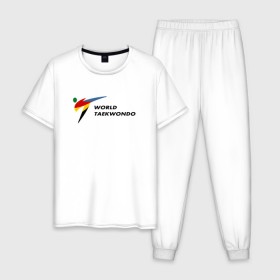 Мужская пижама хлопок с принтом World Taekwondo logo в Тюмени, 100% хлопок | брюки и футболка прямого кроя, без карманов, на брюках мягкая резинка на поясе и по низу штанин
 | Тематика изображения на принте: world taekwondo | wt | логотип | тхэквондо