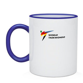 Кружка двухцветная с принтом World Taekwondo logo в Тюмени, керамика | объем — 330 мл, диаметр — 80 мм. Цветная ручка и кайма сверху, в некоторых цветах — вся внутренняя часть | Тематика изображения на принте: world taekwondo | wt | логотип | тхэквондо