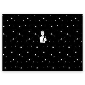 Поздравительная открытка с принтом Чай Космос в Тюмени, 100% бумага | плотность бумаги 280 г/м2, матовая, на обратной стороне линовка и место для марки
 | звезды | корабль | космонавт | кофе | мужчина | небо | ночь | парень | черно белый | эмоции