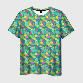 Мужская футболка 3D с принтом Гаваи в Тюмени, 100% полиэфир | прямой крой, круглый вырез горловины, длина до линии бедер | aloha | fruits | hawaii | summer | ананас | арбуз | гаваи | пальмы | пляж | солнце | тропики | фламинго | флорида | фрукты