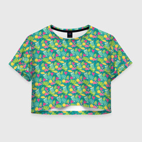 Женская футболка 3D укороченная с принтом Гаваи в Тюмени, 100% полиэстер | круглая горловина, длина футболки до линии талии, рукава с отворотами | aloha | fruits | hawaii | summer | ананас | арбуз | гаваи | пальмы | пляж | солнце | тропики | фламинго | флорида | фрукты