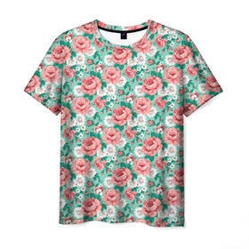 Мужская футболка 3D с принтом Розы в Тюмени, 100% полиэфир | прямой крой, круглый вырез горловины, длина до линии бедер | bouquet | floral | flower | flowers | love | roses | summer | алый | букет | для девушек | лето | любовь | на 8 марта | розы | роскошный | узор | цветочный | цветы