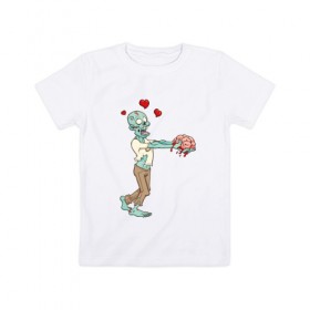 Детская футболка хлопок с принтом Zombie love в Тюмени, 100% хлопок | круглый вырез горловины, полуприлегающий силуэт, длина до линии бедер | Тематика изображения на принте: brain | heart | love | zombie | зомби | любовь | мозги | сердце