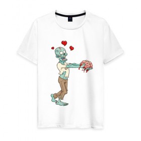 Мужская футболка хлопок с принтом Zombie love в Тюмени, 100% хлопок | прямой крой, круглый вырез горловины, длина до линии бедер, слегка спущенное плечо. | brain | heart | love | zombie | зомби | любовь | мозги | сердце