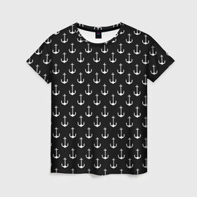 Женская футболка 3D с принтом Якорьки в Тюмени, 100% полиэфир ( синтетическое хлопкоподобное полотно) | прямой крой, круглый вырез горловины, длина до линии бедер | 3d | арт | лето | море | морские | текстура | черно белые | якорь