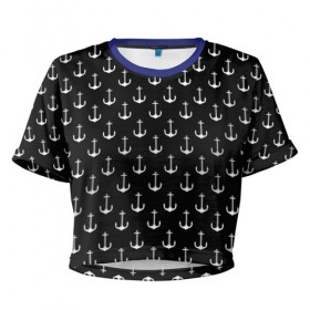 Женская футболка 3D укороченная с принтом Якорьки в Тюмени, 100% полиэстер | круглая горловина, длина футболки до линии талии, рукава с отворотами | 3d | арт | лето | море | морские | текстура | черно белые | якорь