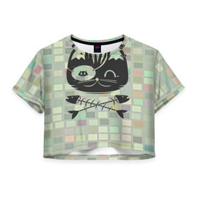 Женская футболка 3D укороченная с принтом Пиратский кот в Тюмени, 100% полиэстер | круглая горловина, длина футболки до линии талии, рукава с отворотами | Тематика изображения на принте: 3d | арт | животные | кости | кот | кубики | пират | текстуры | череп