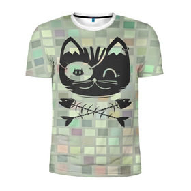 Мужская футболка 3D спортивная с принтом Пиратский кот в Тюмени, 100% полиэстер с улучшенными характеристиками | приталенный силуэт, круглая горловина, широкие плечи, сужается к линии бедра | Тематика изображения на принте: 3d | арт | животные | кости | кот | кубики | пират | текстуры | череп