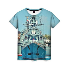 Женская футболка 3D с принтом Сторожевой корабль в Тюмени, 100% полиэфир ( синтетическое хлопкоподобное полотно) | прямой крой, круглый вырез горловины, длина до линии бедер | 3d | море | севастополь | сторожевой корабль | судно | черноморский флот