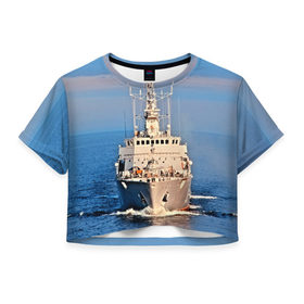 Женская футболка 3D укороченная с принтом Тральщик в Тюмени, 100% полиэстер | круглая горловина, длина футболки до линии талии, рукава с отворотами | балтийское море | корабль | судно | флот