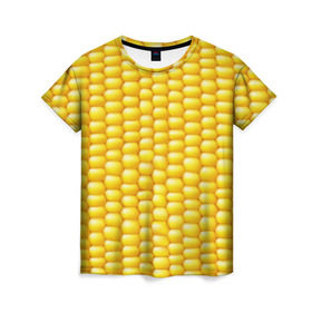 Женская футболка 3D с принтом Сладкая вареная кукуруза в Тюмени, 100% полиэфир ( синтетическое хлопкоподобное полотно) | прямой крой, круглый вырез горловины, длина до линии бедер | еда | кукуруза