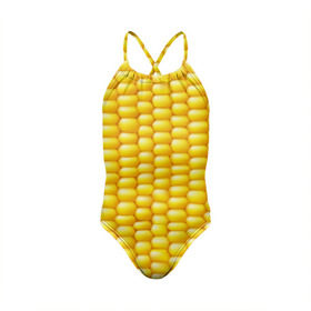 Детский купальник 3D с принтом Сладкая вареная кукуруза в Тюмени, Полиэстер 85%, Спандекс 15% | Слитный крой, подклад по переду изделия, узкие бретели | Тематика изображения на принте: еда | кукуруза