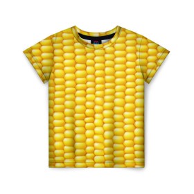 Детская футболка 3D с принтом Сладкая вареная кукуруза в Тюмени, 100% гипоаллергенный полиэфир | прямой крой, круглый вырез горловины, длина до линии бедер, чуть спущенное плечо, ткань немного тянется | Тематика изображения на принте: еда | кукуруза