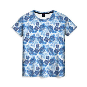Женская футболка 3D с принтом Гжель в Тюмени, 100% полиэфир ( синтетическое хлопкоподобное полотно) | прямой крой, круглый вырез горловины, длина до линии бедер | роспись | цветы