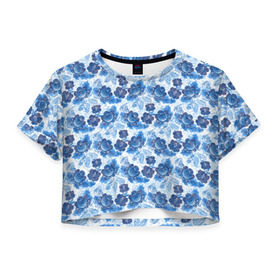 Женская футболка 3D укороченная с принтом Гжель в Тюмени, 100% полиэстер | круглая горловина, длина футболки до линии талии, рукава с отворотами | роспись | цветы