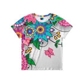 Детская футболка 3D с принтом Розовая бабочка в Тюмени, 100% гипоаллергенный полиэфир | прямой крой, круглый вырез горловины, длина до линии бедер, чуть спущенное плечо, ткань немного тянется | лепестки | листья | орнамент | сад | узор | цветочки | цветы. бабочка