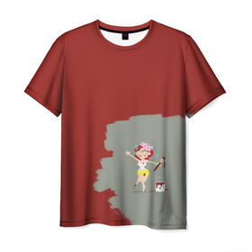 Мужская футболка 3D с принтом Рыжая красит в красный в Тюмени, 100% полиэфир | прямой крой, круглый вырез горловины, длина до линии бедер |  банка | девушка | женщина | капли | кисточка | кисть | краска | красная | маляр | мульт | мультяшка | недокрашенная | прикол | рыжеволосая | следы | строитель