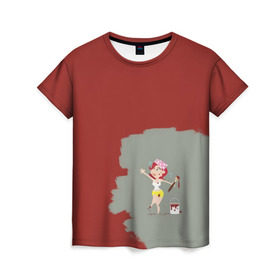 Женская футболка 3D с принтом Рыжая красит в красный в Тюмени, 100% полиэфир ( синтетическое хлопкоподобное полотно) | прямой крой, круглый вырез горловины, длина до линии бедер |  банка | девушка | женщина | капли | кисточка | кисть | краска | красная | маляр | мульт | мультяшка | недокрашенная | прикол | рыжеволосая | следы | строитель