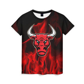 Женская футболка 3D с принтом Angry bull в Тюмени, 100% полиэфир ( синтетическое хлопкоподобное полотно) | прямой крой, круглый вырез горловины, длина до линии бедер | 3d | angry bull | in fire | бык | в огне | дым | животные | мощь | огненный | огонь | пламя | пожар | сила | стихия