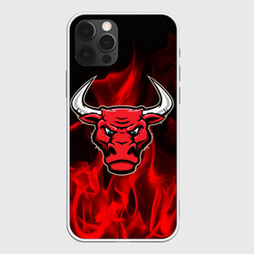 Чехол для iPhone 12 Pro с принтом Angry bull в Тюмени, силикон | область печати: задняя сторона чехла, без боковых панелей | Тематика изображения на принте: 3d | angry bull | in fire | бык | в огне | дым | животные | мощь | огненный | огонь | пламя | пожар | сила | стихия