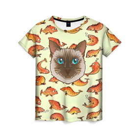 Женская футболка 3D с принтом Котик в рыбках! в Тюмени, 100% полиэфир ( синтетическое хлопкоподобное полотно) | прямой крой, круглый вырез горловины, длина до линии бедер | Тематика изображения на принте: животные | коты | котэ | котята | милые животные | прикольные | рыба | рыбки | цветные | яркие