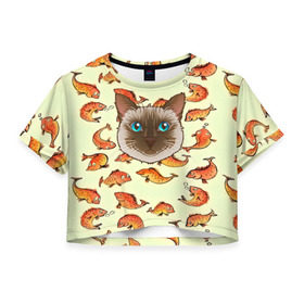 Женская футболка 3D укороченная с принтом Котик в рыбках! в Тюмени, 100% полиэстер | круглая горловина, длина футболки до линии талии, рукава с отворотами | животные | коты | котэ | котята | милые животные | прикольные | рыба | рыбки | цветные | яркие