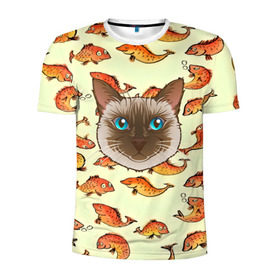 Мужская футболка 3D спортивная с принтом Котик в рыбках! в Тюмени, 100% полиэстер с улучшенными характеристиками | приталенный силуэт, круглая горловина, широкие плечи, сужается к линии бедра | животные | коты | котэ | котята | милые животные | прикольные | рыба | рыбки | цветные | яркие