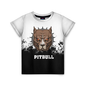 Детская футболка 3D с принтом Pitbull в Тюмени, 100% гипоаллергенный полиэфир | прямой крой, круглый вырез горловины, длина до линии бедер, чуть спущенное плечо, ткань немного тянется | 3d | dog | pitbull | абстракция | животные | краска | собака | черно белый