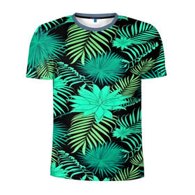 Мужская футболка 3D спортивная с принтом Tropical pattern в Тюмени, 100% полиэстер с улучшенными характеристиками | приталенный силуэт, круглая горловина, широкие плечи, сужается к линии бедра | Тематика изображения на принте: 3d | арт | лето | листья | пальмы | текстура | узор | цветы