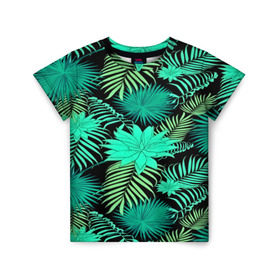 Детская футболка 3D с принтом Tropical pattern в Тюмени, 100% гипоаллергенный полиэфир | прямой крой, круглый вырез горловины, длина до линии бедер, чуть спущенное плечо, ткань немного тянется | Тематика изображения на принте: 3d | арт | лето | листья | пальмы | текстура | узор | цветы