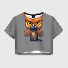 Женская футболка 3D укороченная с принтом Совокот в Тюмени, 100% полиэстер | круглая горловина, длина футболки до линии талии, рукава с отворотами | cat | craft the world | owl | кот | кошка | птица | сова