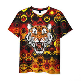 Мужская футболка 3D с принтом Тигр в Тюмени, 100% полиэфир | прямой крой, круглый вырез горловины, длина до линии бедер | 3d | abstraction | tiger | абстракция | голова животного | клыки | котята | кошки | крик | полосатый | тигр