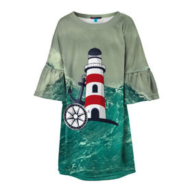 Детское платье 3D с принтом Морской в Тюмени, 100% полиэстер | прямой силуэт, чуть расширенный к низу. Круглая горловина, на рукавах — воланы | Тематика изображения на принте: 3d | blue | брызги | вмф | вода | военный | волны | исторический | капли | корабль | лето | море | моряк | океан | природа | фрегат | шторм